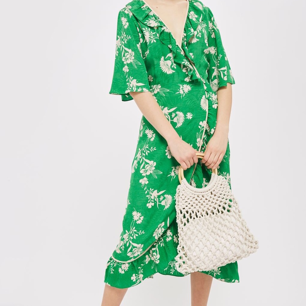 Topshop Green Leaf Ruffle Wrap Dress